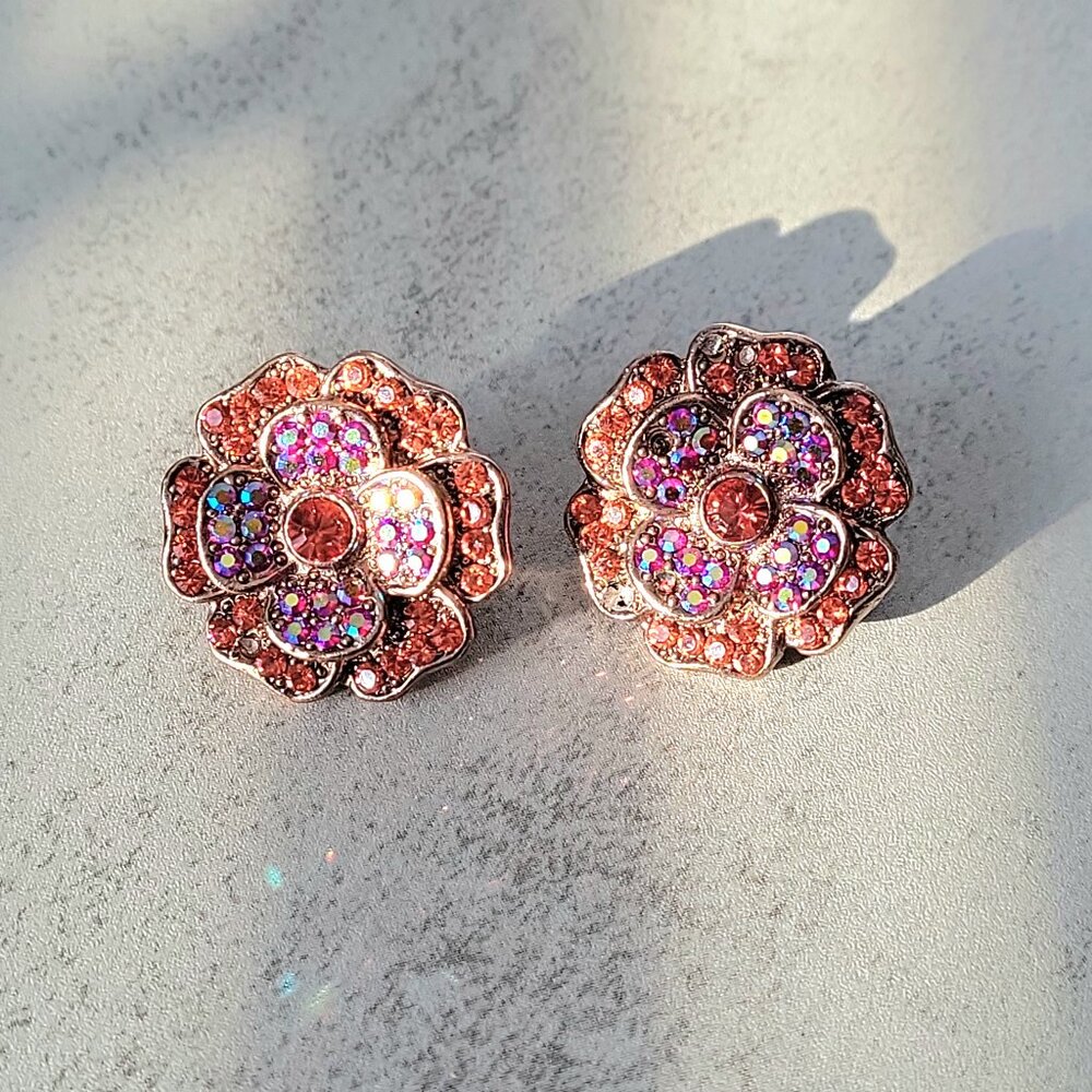 Vintage 1980s Floral Clip-On Earrings with Colorful Sparkling Rhinestones - Picture 7 of 7